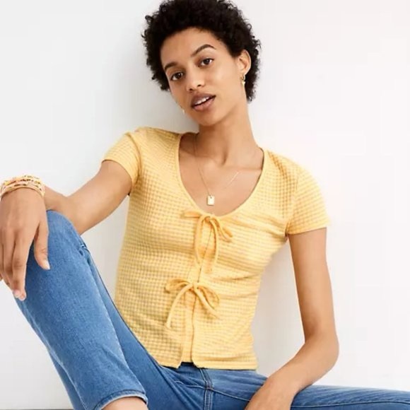Madewell Tops - Madewell Gingham Bow Short Sleeve Top Yellow XS